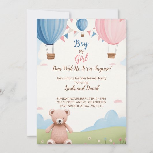 Invitation Rose ou Bleu : Baby shower d'ours en peluche pour (Devant)