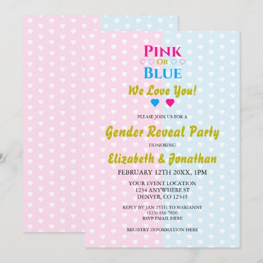 Invitation Rose Ou Bleu, On T'Aime ! Révélation de genre (Devant / Derrière)