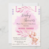 Invitation Rose, Ours Teddy, Ballons, Baby shower fille (Devant)