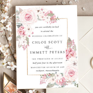 Invitation Rose Pâle aux Pétales Rosées Mariage Champêtre Flo
