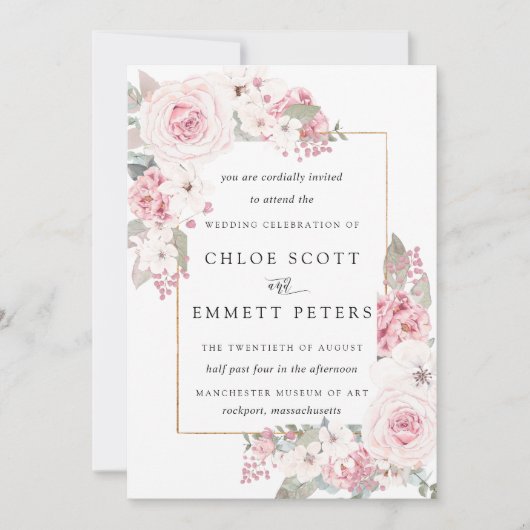 Invitation Rose Pâle aux Pétales Rosées Mariage Champêtre Flo (Devant)