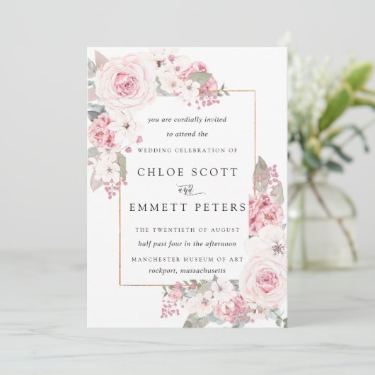 Invitation Rose Pâle aux Pétales Rosées Mariage Champêtre Flo (Debout devant)