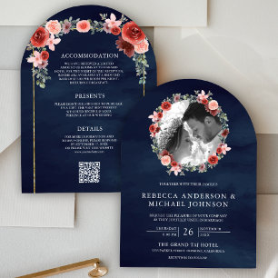Invitation Rose Pâle Bourgogne Fleurs en Arc Photo Mariage Nu