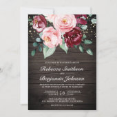 Invitation Rose Pâle Bourgogne Floral QR Code Bois Mariage (Devant)