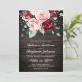 Invitation Rose Pâle Bourgogne Floral QR Code Bois Mariage (Debout devant)