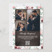 Invitation Rose Pâle Bourgogne Floral QR Code Bois Mariage (Dos)
