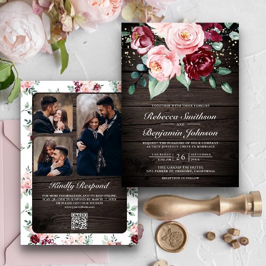 Invitation Rose Pâle Bourgogne Floral QR Code Bois Mariage