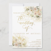 Invitation Rose pâle calligraphie dorée florale romantique (Devant)