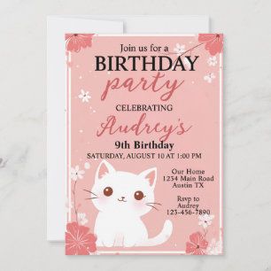 Invitation Rose Pâle Chat Anniversaire Fille Tout Âge