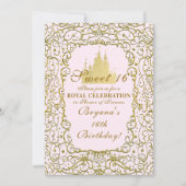 Invitation Rose Pâle & Château Royal Doré Princesse Sweet 16 (Devant)