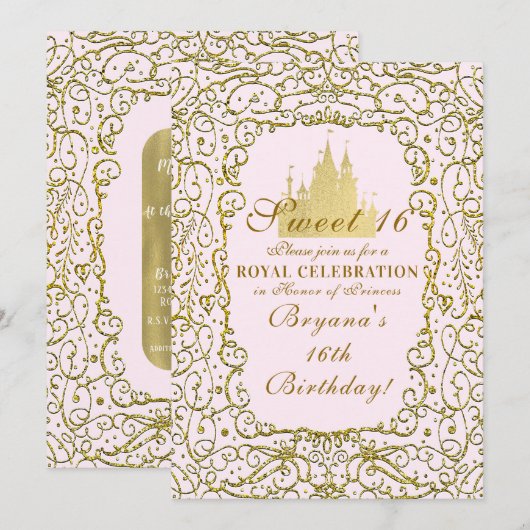 Invitation Rose Pâle & Château Royal Doré Princesse Sweet 16 (Devant / Derrière)