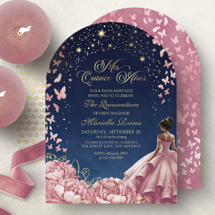 Invitation Rose Pâle Ciel Nocturne Papillons Quinceanera