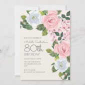 Invitation Rose Pâle et Fleurs Blanches pour les 80 Ans d'une (Devant)