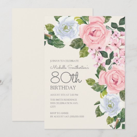 Invitation Rose Pâle et Fleurs Blanches pour les 80 Ans d'une (Devant / Derrière)