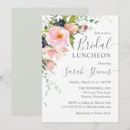 Invitation Rose Pâle et Fleurs Mariage Gris Déjeuner (Devant / Derrière)