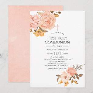 Invitation Rose Pâle et Floral Doré Première Sainte Communion