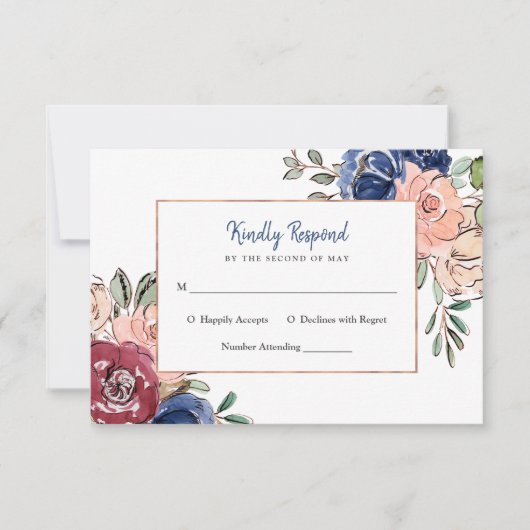 Invitation Rose Pâle et Floral Géométrique Marine | Mariage (Devant)