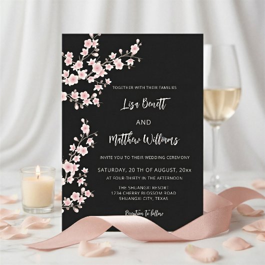 Invitation Rose Pâle Fleur de Cerisier Noir