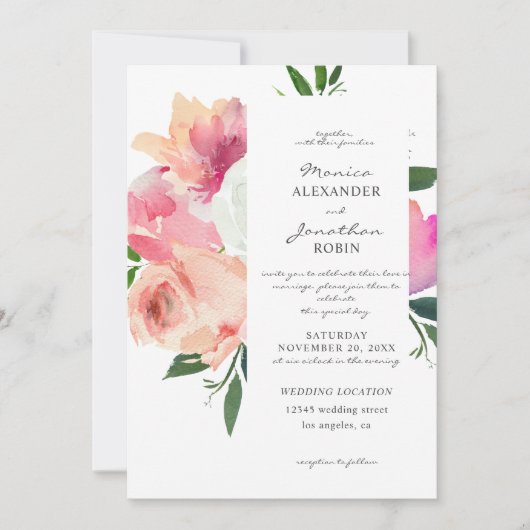 Invitation Rose Pâle & Fleurs Botaniques Grises Mariage V2 (Devant)