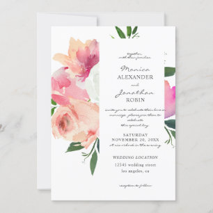 Invitation Rose Pâle & Fleurs Botaniques Grises Mariage V2