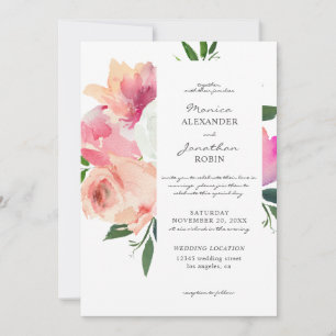 Invitation Rose Pâle & Fleurs Botaniques Mariage V3 Blanc