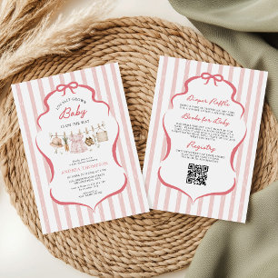 Invitation Rose Pâle Fleurs Locales Baby Shower Ruban Rayures