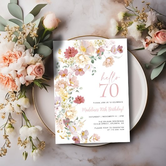Invitation Rose Pâle Floral 70e Anniversaire