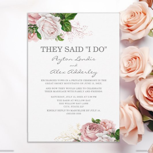 Invitation Rose Pâle Floral Blanc Réception de Mariage Intime