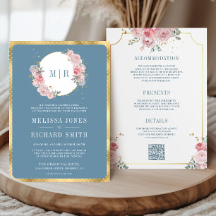 Invitation Rose Pâle Floral Bleu Poussiéreux Tout en Un Maria