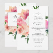 Invitation Rose Pâle & Floral Botanique Gris Mariage V2 (Devant / Derrière)