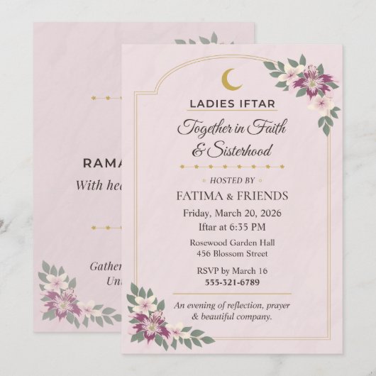 Invitation Rose Pâle Floral Dames Iftar Sororité Ramadan (Devant / Derrière)