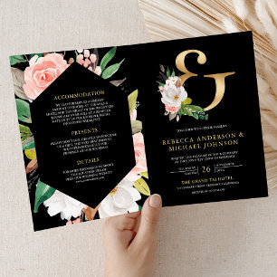 Invitation Rose Pâle Floral Esperluette Code QR Noir Mariage