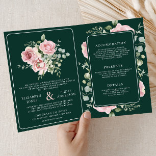 Invitation Rose Pâle Floral Eucalyptus Vert Émeraude Mariage