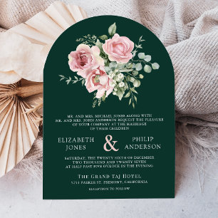 Invitation Rose Pâle Floral Eucalyptus Vert Émeraude Mariage
