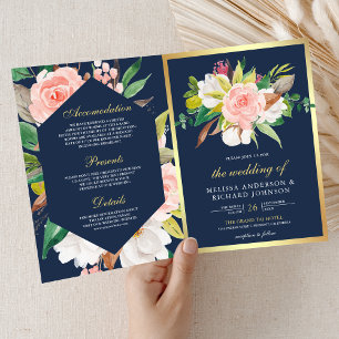 Invitation Rose Pâle Floral Or Bleu Marine Code QR Mariage