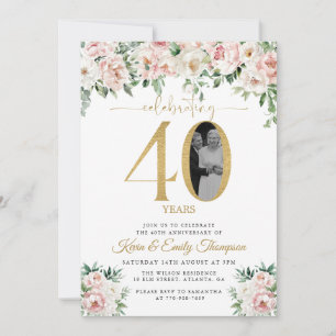 Invitation Rose Pâle Floral Photo 40ème Anniversaire
