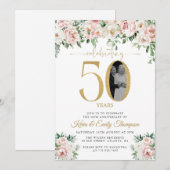 Invitation Rose Pâle Floral Photo 50e Anniversaire (Devant / Derrière)