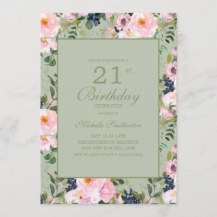 Invitation Rose Pâle Floral Vert Menthe 21e Anniversaire
