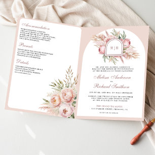Invitation Rose Pâle Florale Pampas Code QR Mariage Poussiére