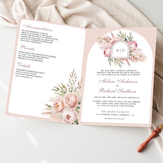 Invitation Rose Pâle Florale Pampas Code QR Mariage Poussiére