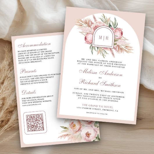 Invitation Rose Pâle Florale Pampas Code QR Mariage Poussiére