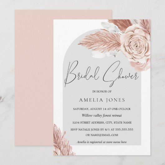 Invitation Rose Pâle Gris Bohème Fleurs Arche Mariage Enterre (Devant / Derrière)