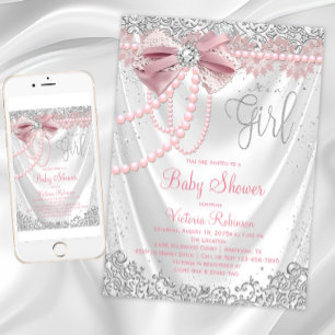 Invitation Rose Pâle Gris Diamant Perle Baby Shower Féminin