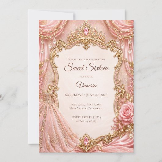 Invitation Rose Pâle Luxueux Or Princesse Douce 16 (Devant)