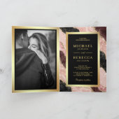 Invitation Rose Pâle Mariage Code QR Marbre Agate Noir Or (Intérieur)