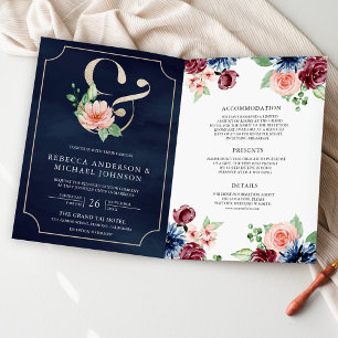 Invitation Rose Pâle Marine Bourgogne Floral Code QR Mariage