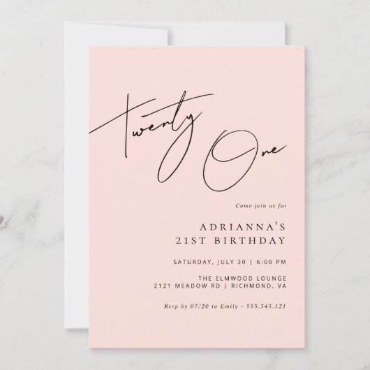 Invitation Rose pâle | Modern Script Girly 21e anniversaire (Devant)