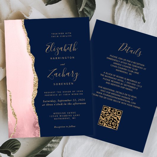 Invitation Rose Pâle Or Agate Bleu Nuit Code QR Mariage