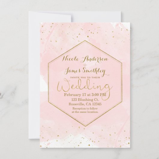 Invitation Rose Pâle & Or Éclaboussé Mariage Moderne (Devant)