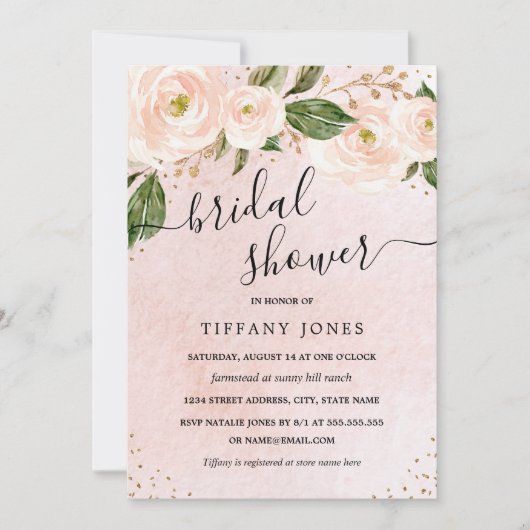 Invitation Rose Pâle Or Fleurs Mariage Shower (Devant)